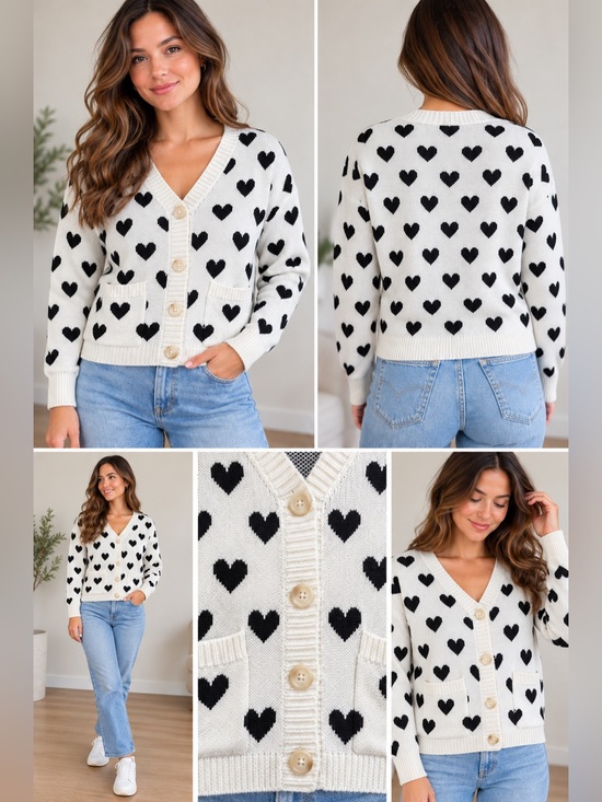 Pink Martini Sweaters - 🌸 Pink Martini White Cardigan with Black Hearts – Size M
